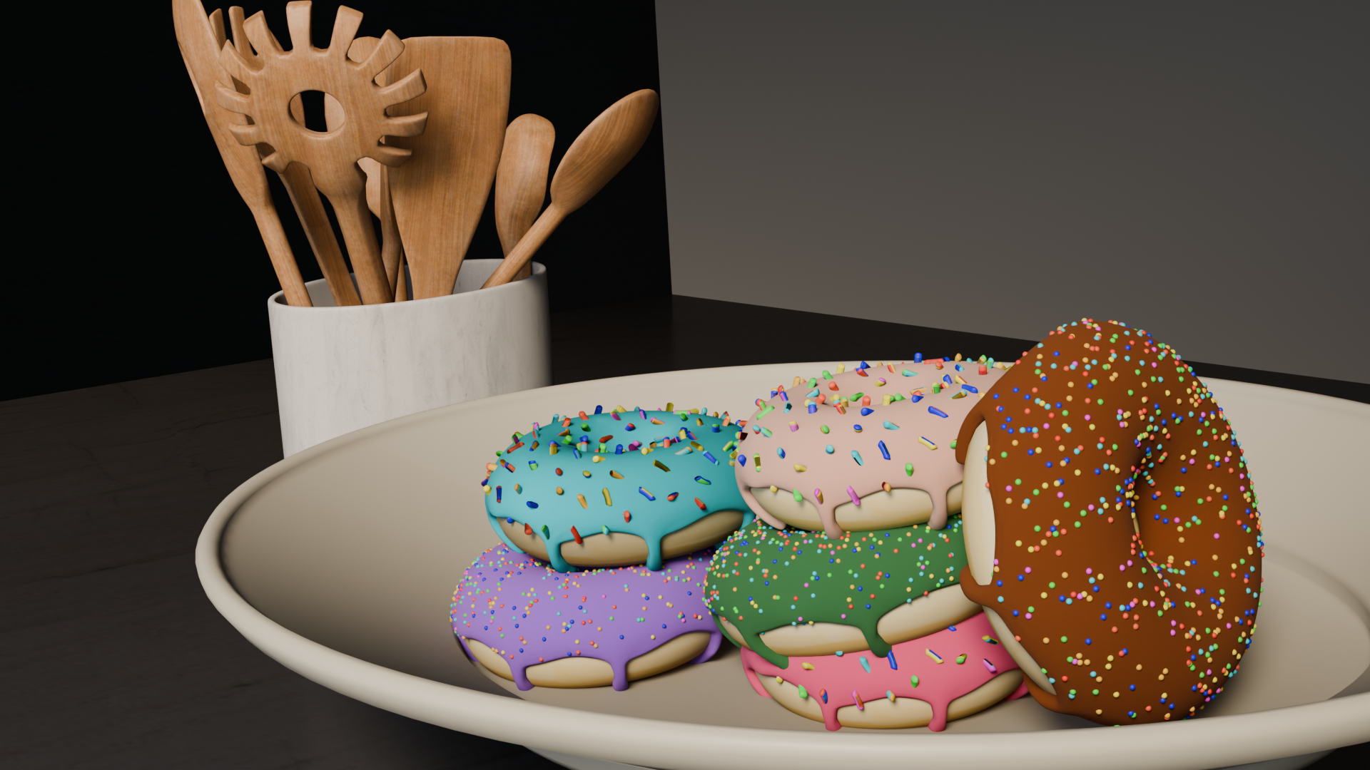 Work in progress render of donuts scene - frame 1